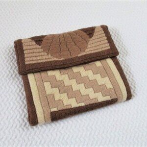 Vintage wool handwoven boho clutch bag brown beige soft lined pouch hand made
